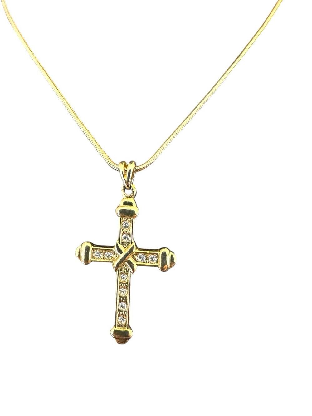 Rhinestone Gold Tone Cross Pendant On Snake Style Chain Necklace